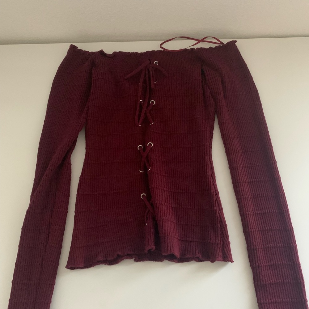 Red long sleeve ruffled string top